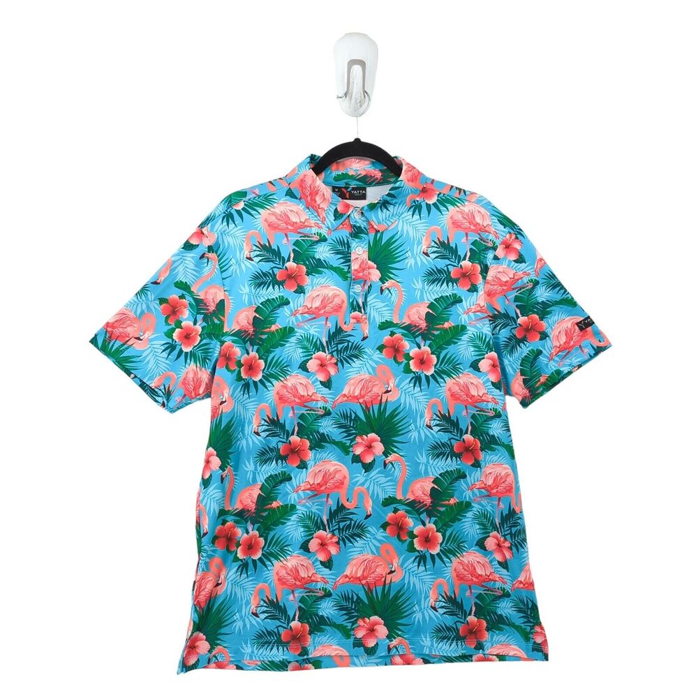 YATTA GOLF Men M Polo Shirt Blue Floral Hibiscus Hawaiian Pau Hana Flamingos NEW